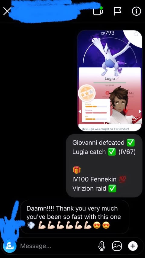 Instagram message about Giovanni and Lugia