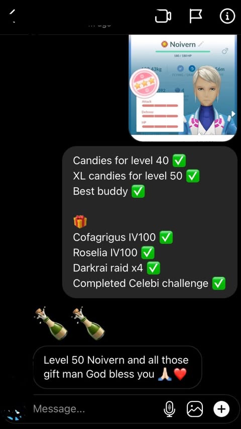 Instagram message about Level 50 and farming